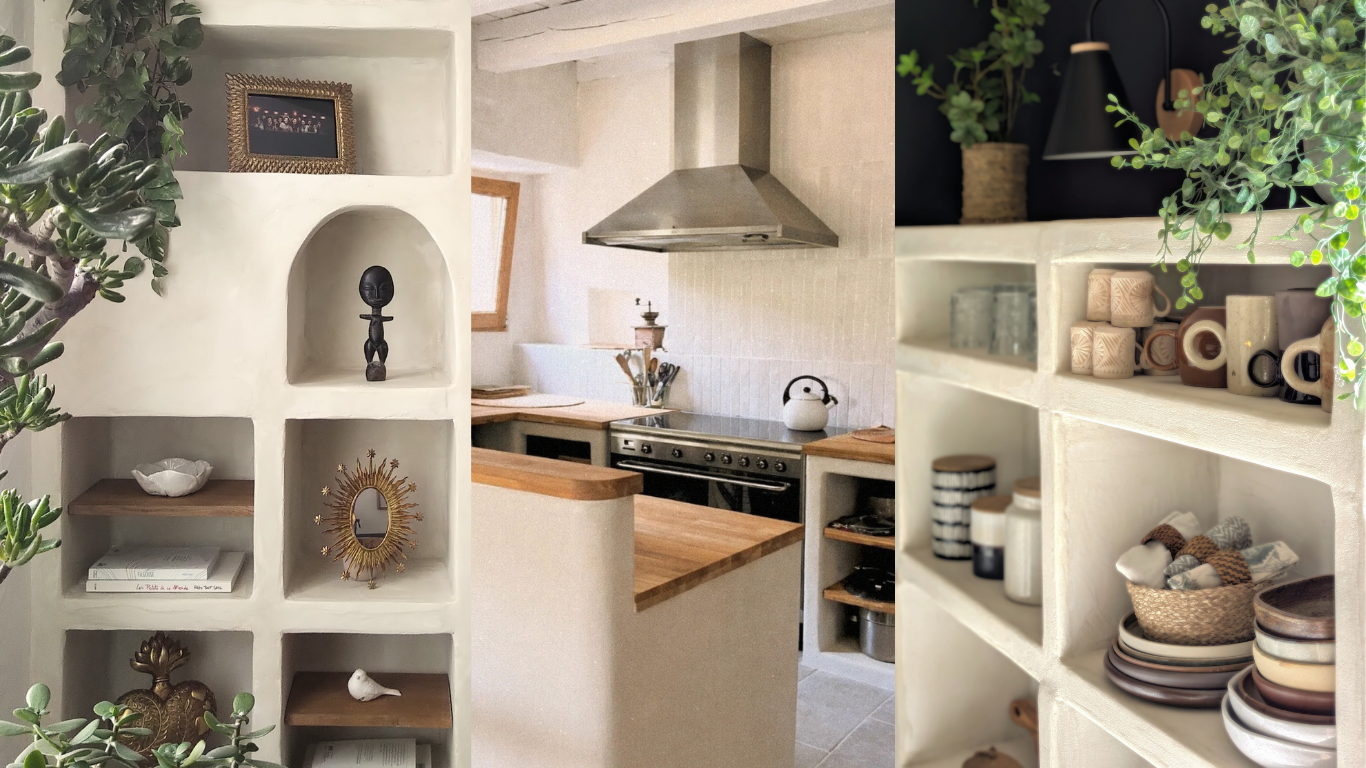 Mobilier maçonné sur mesure avec niches, bibliothèque et cuisine en béton cellulaire près d’Albi