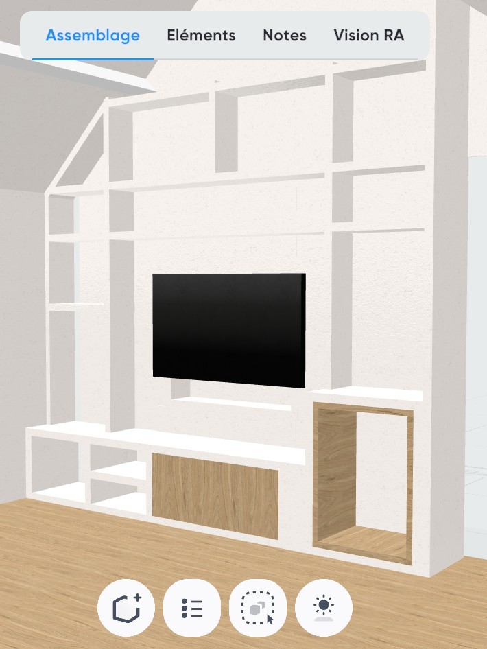 Vue 3D d'un mobilier maçonné en béton cellulaire avec meuble TV et rangements